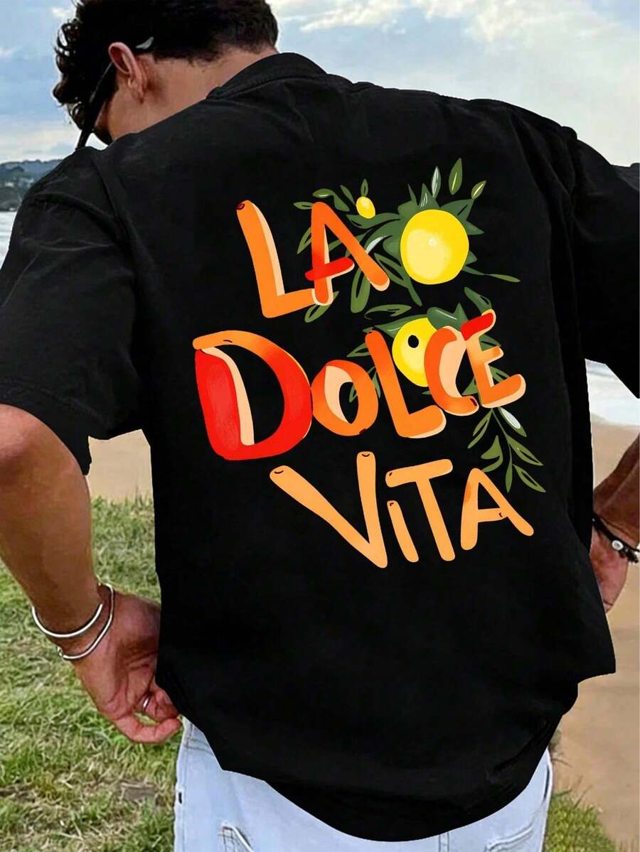 T-shirt La Dolce Summer 2026 in cotone a girocollo con stampa di limoni italiani, camicia casual da uomo, ampia e comoda - nero - Visualizzare 1