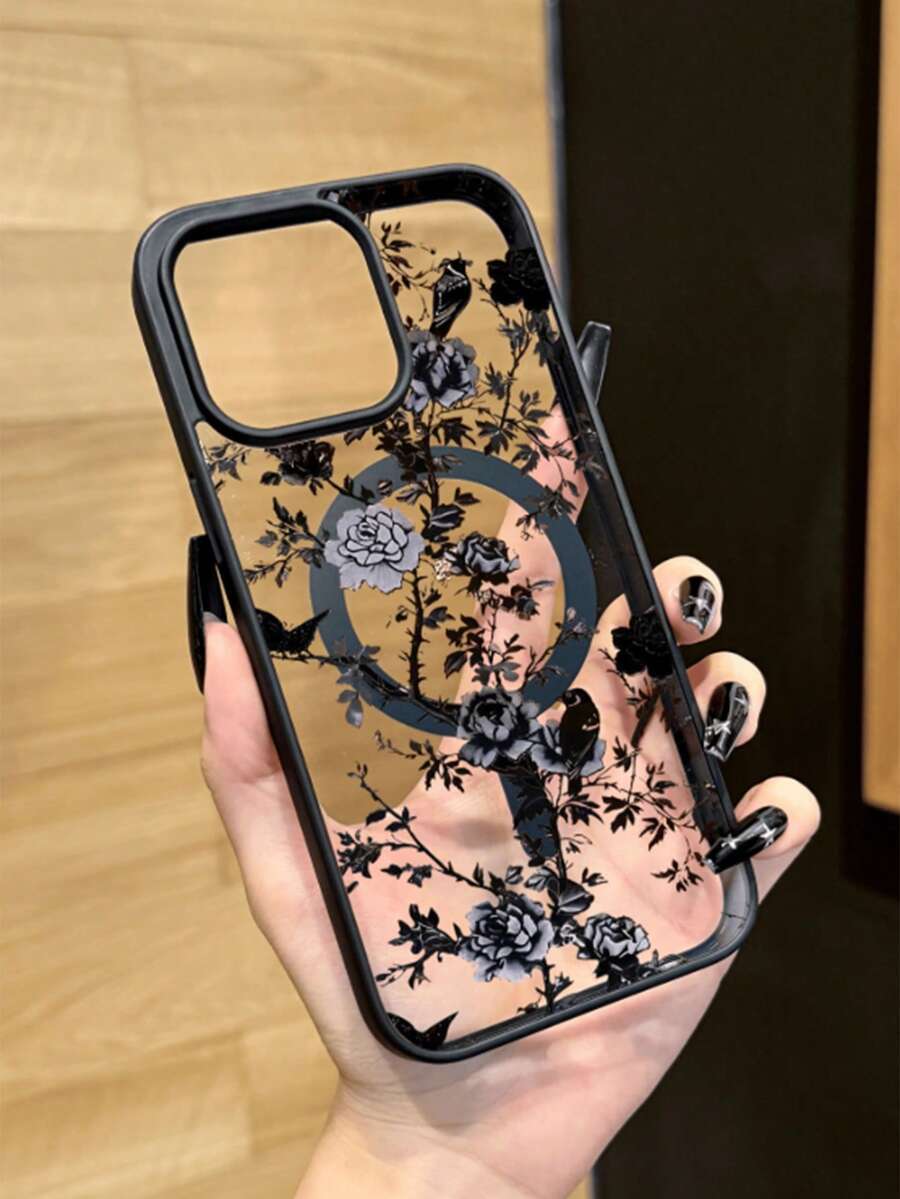 1pc New Creative Black Magnetic Shadow Forest Peony Pattern Unique Phone Case Compatible With Apple Series Apple 16promax Phone Case 11/12/13/14plus/XR/7/8plus/15PROMAX Phone Case - Black - View 1