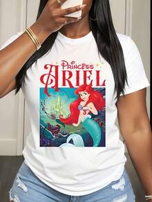 Disney Princess Ariel Mermaid Print T-Shirt Women Casual Summer Fashion Streetwear Style - 白色 - 查看 1