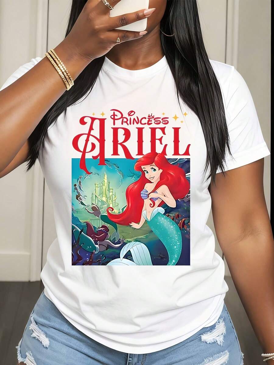 Disney Princess Ariel Mermaid Print T-Shirt Women Casual Summer Fashion Streetwear Style - 白色 - 查看 1