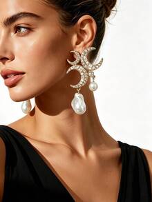 1 Pair Women's Vintage Court Style Asymmetrical C-Shaped Rhinestone Crescent Moon Pearl Drop Stud Earrings, Vacation Travel Photography, Formal Party, Elegant Fairy-Like Earrings - Golden Yellow+White - View 3