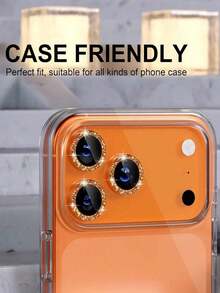 3件裝橘色亮面亮片金屬框強化玻璃相機鏡頭保護貼，相容 iPhone 17 17 Air 17 Pro 17 Pro Max 16 16 Pro 16 Plus 16 Pro Max 15 14 13 12 11，時尚手機配件 - 亮橙色 - View 4