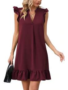 Dresses Women Summer Cap Sleeve V Neck Ruffled Hem Solid Smock Casual Mini Sundress - Burgundy - View 2