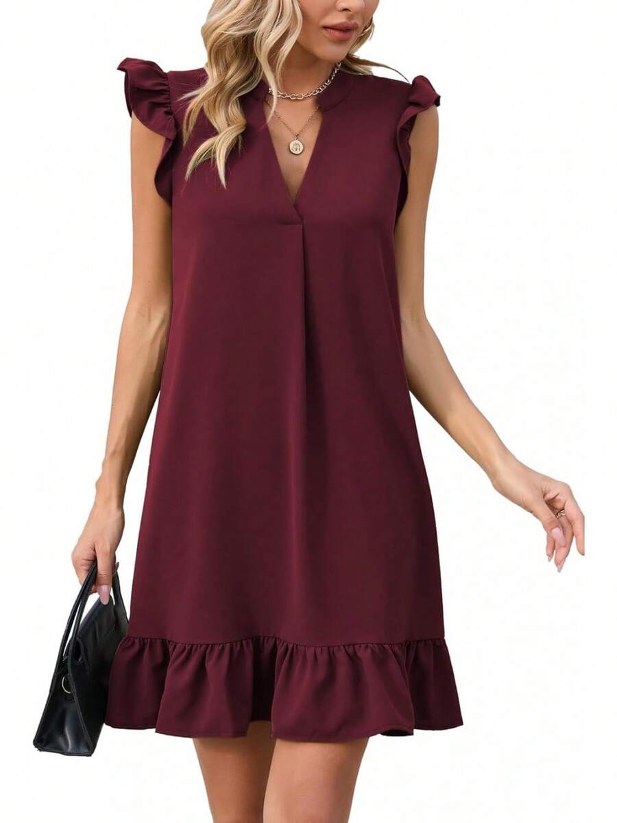Dresses Women Summer Cap Sleeve V Neck Ruffled Hem Solid Smock Casual Mini Sundress