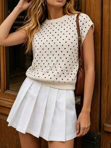 Yuwenier Top en tricot sans manches à pois blanc et noir, col ras-du-cou, manches courtes, coupe slim, style vintage français décontracté, gilet pull pour tenues quotidiennes d'été - Blanc - Voir 3
