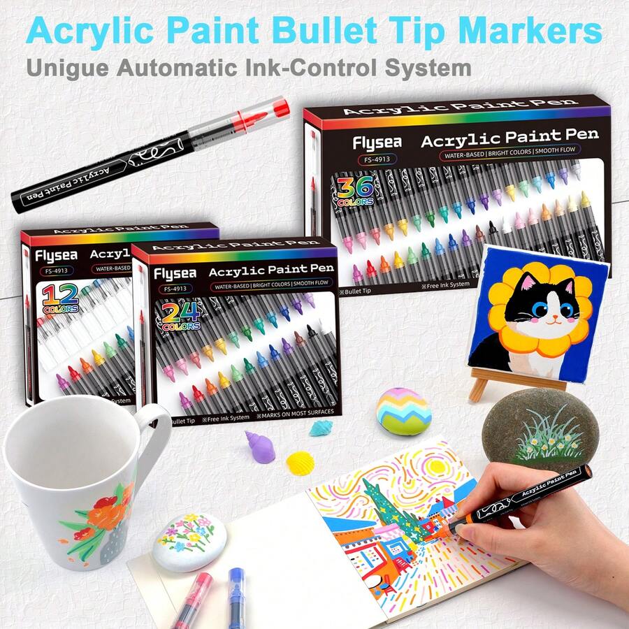 12/24/36 Colors Professional Artist Marker Set, Soft Tips, Convenient For Painting, Sketching And Layering. Liquid Acrylic Markers, Straight Barrel Design, Waterproof, Suitable For Rocks, Glass, Ceramics, Easter Eggs, Metal, Wood And More. Beautiful Gift Box And Pen Bag Packaging, Perfect Choice For Gifting Friends And Family! Ideal Back To School Gift - Multicolor - View 1