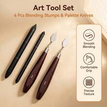 4pcs Oil Pastel & Crayon Blending Tool Set, 2 Blending Stumps + 2 Blending Knives, For Smooth Transitions, Highlighting, Smudging And Color Mixing - Sets - View 1