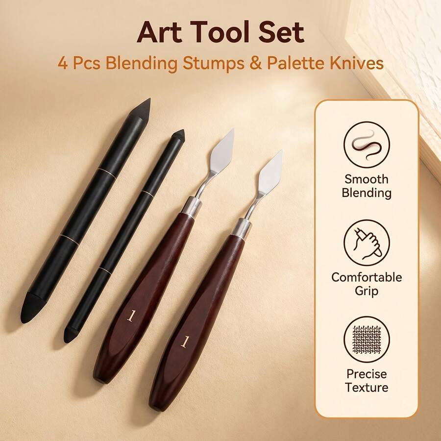 4pcs Oil Pastel & Crayon Blending Tool Set, 2 Blending Stumps + 2 Blending Knives, For Smooth Transitions, Highlighting, Smudging And Color Mixing - Sets - View 1