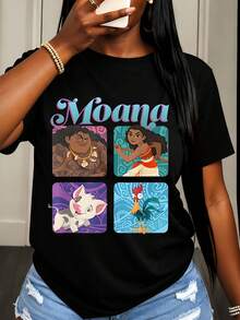 Disney Moana Character Print T Shirt Women Casual Summer Fashion Streetwear Style - 黑色 - 查看 1