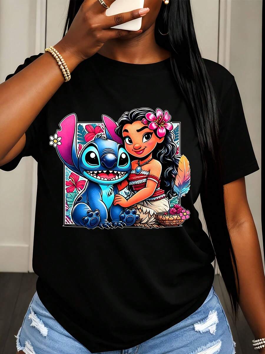 Disney Lilo And Stitch Character Print T Shirt Women Casual Summer Fashion Streetwear Style - 黑色 - 查看 1