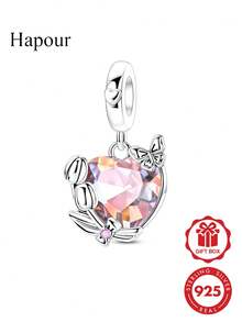 原裝 925 純銀吊墜，鑲嵌粉色心形立方鋯石，珠寶禮物，適合女性手鍊或項鍊 DIY 創作 - 銀色 - 查看 6