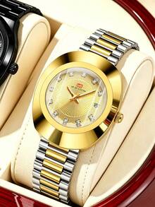 VA VA VOOM Brand Men's Quartz Watch, Luxury Gold Stainless Steel Band, 40mm Oval Dial With Rhinestone Markers, Original Timekeeping And Date Function, Business Style, Fashionable And Versatile, Suitable For Work, Party, School And Other Occasions, Men's Holiday Gift Wristwatch - Gold - View 2