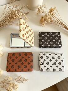 M.Dior Vintage Monogram Print Compact Mirror, Double Sided Foldable Pocket Mirror, Portable PU Leather Makeup Mirror For Travel & Daily Use - Multicolor - View 4
