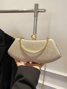 Premium Evening Clutch Bag With Pearl Clasp Design, Handheld And Crossbody Dual-Use Party Bag - Gold - View 6
