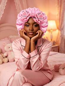 CONFLASS 1pc Women's Pink Printed Satin Sleep Bonnet With Long Ties, Butterfly & Floral Print, Elastic Wide Band Hair Wrap, Suitable For Sleep And Styling, Anti-Frizz, Fits Long Braids And Dreadlocks - Multicolor - View 11
