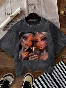 festival outfit mujerRetro Batik Dress-Up Doll Printed Washed T-Shirt, Short-Sleeved Round Neck Casual Top, Suitable for Spring And Summer Wear, Women'S Clothing - Schwarz - Übersicht 1
