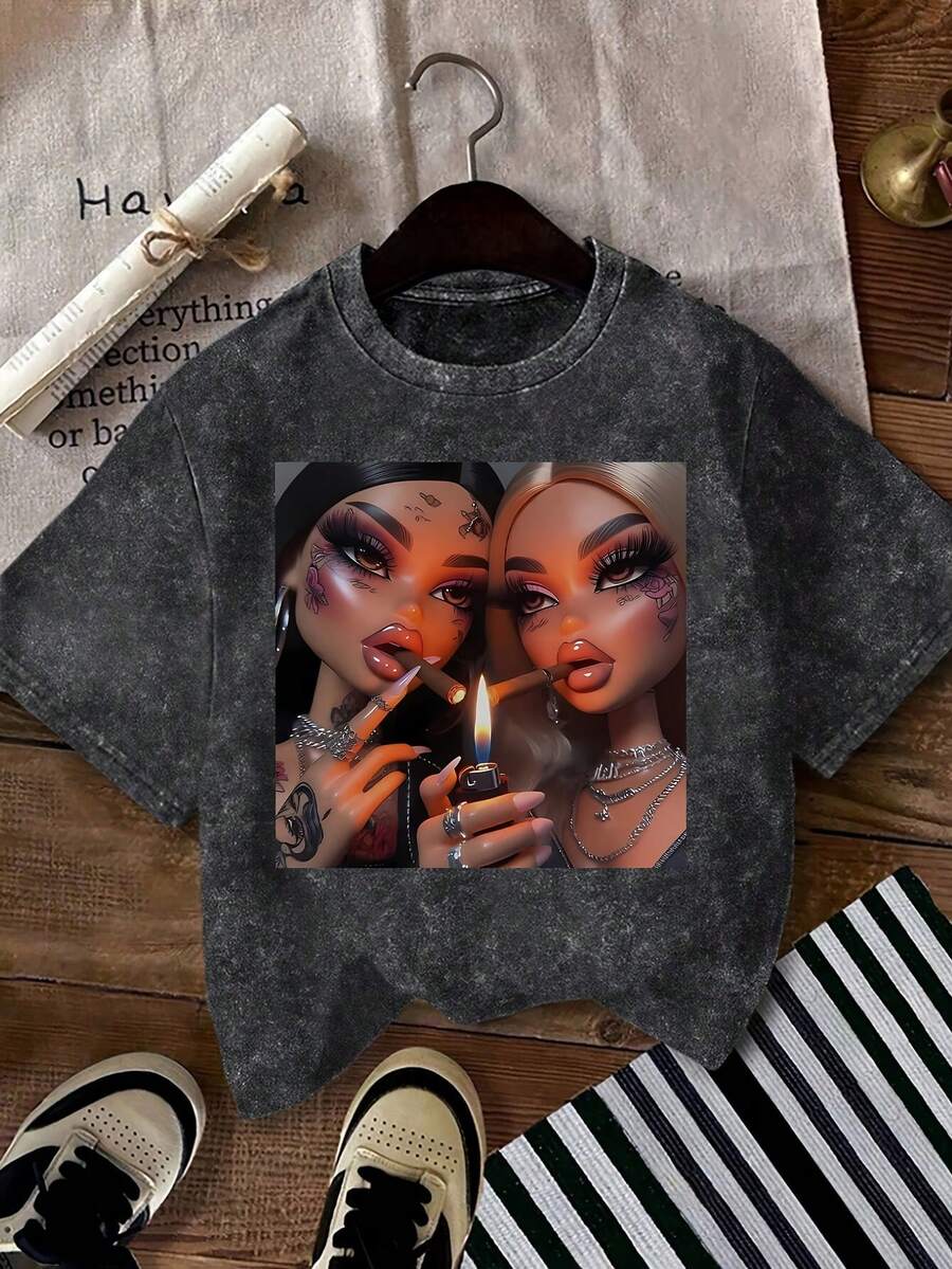 festival outfit mujerRetro Batik Dress-Up Doll Printed Washed T-Shirt, Short-Sleeved Round Neck Casual Top, Suitable for Spring And Summer Wear, Women'S Clothing - Schwarz - Übersicht 1