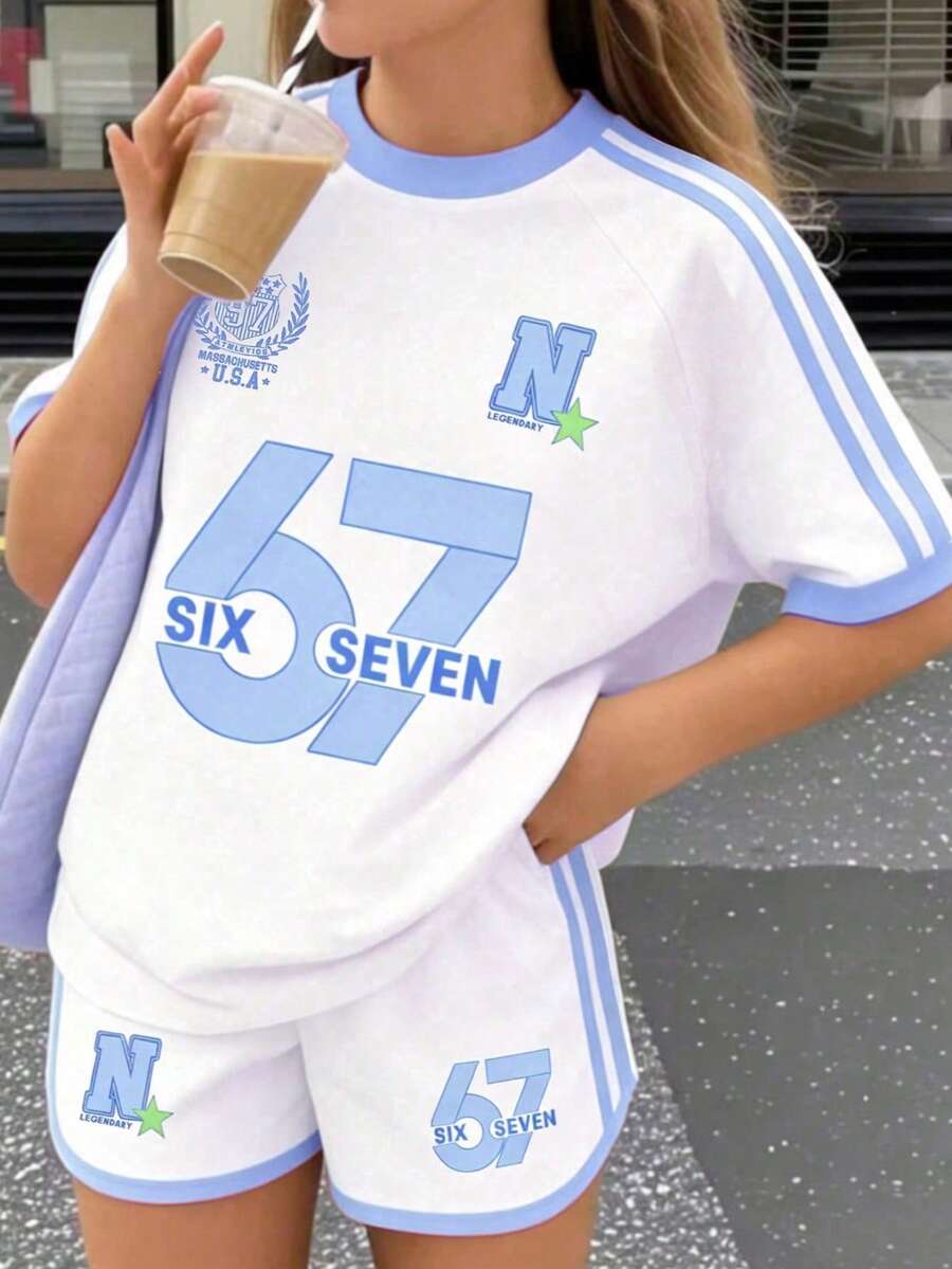 2件套女童休闲运动时尚美式学院风经典侧条纹67号字母印花宽松舒适插肩袖T恤和短裤套装，春夏款 - 藍色 - 查看 1