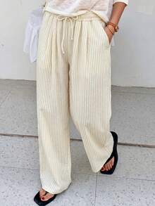 Pantalones de pierna ancha a rayas de cintura alta holgados, con cordón en la cintura, versátiles (rayas aleatorias) - Amarillo claro - Ver 7