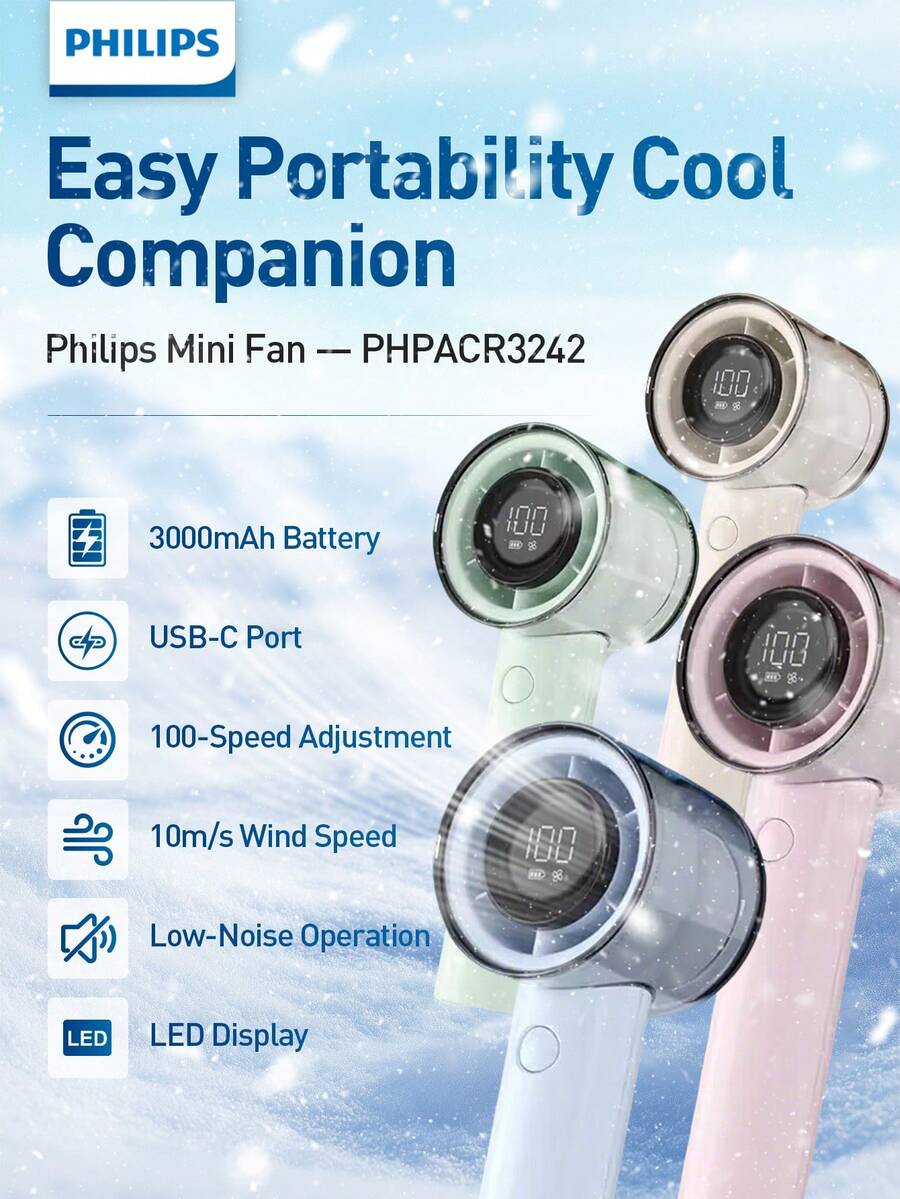 PHILIPS USB Rechargeable Handheld Fan Small Portable Desktop Fan Adjustable 1 To 100 Wind Power Display Power Summer Camping Travel Outdoor Indoor Tools, 3000mAh Battery, 158g, Lightweight And Convenient