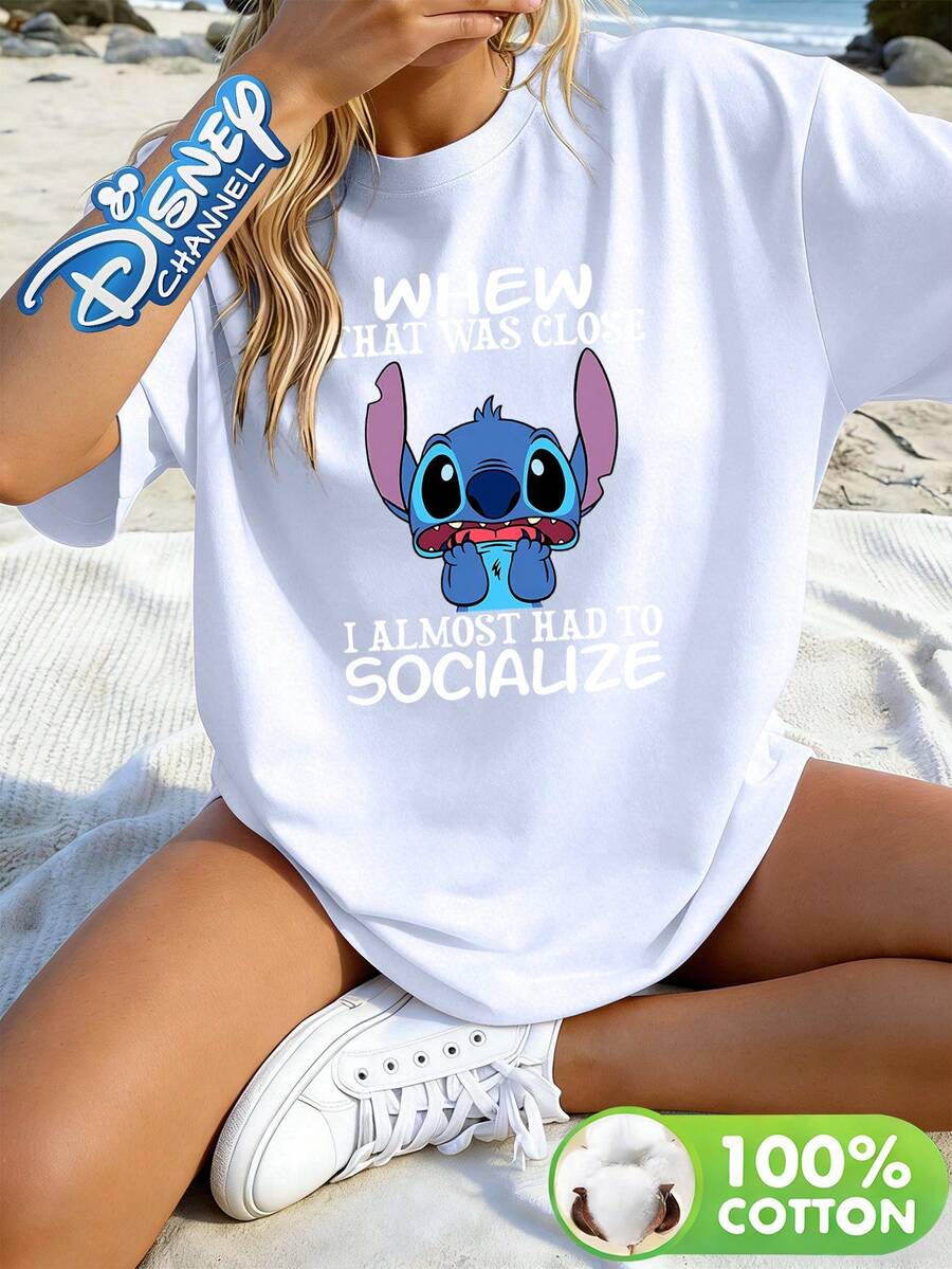 Disney Lilo & Stitch Graphic Tee, Casual Crew Neck Top With Stitch "I Almost Had To Socialize" Quote Print, Great For Fans And Casual Outfits - White - View 1