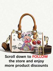 Fashionable Artificial Leather Graffiti Cute Bear Cartoon Handbag, Portable Vintage Shoulder Bag, Suitable For Work, Commuting, Shopping, Crossbody - Multicolor - View 3