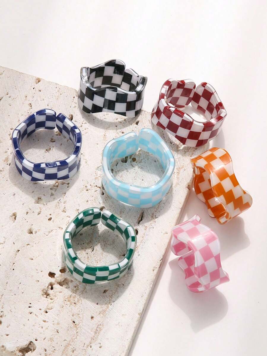 7pcs Acrylic Rings With Square Checkerboard Pattern Design, Fashionable Minimalist Rings, Personalized Jewelry Gift Suitable For Men And Women Daily Wear, Perfect Party And Holiday Gift, Versatile Accessory For Women Casual And Vacation Outfits - Multicolor - View 1