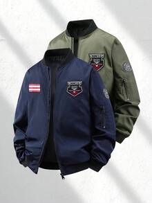 Men's Navy Blue Aviator Jacket, Embroidered Patch Design, Casual Zip-Up Baseball Jacket - Royal Blue - View 1