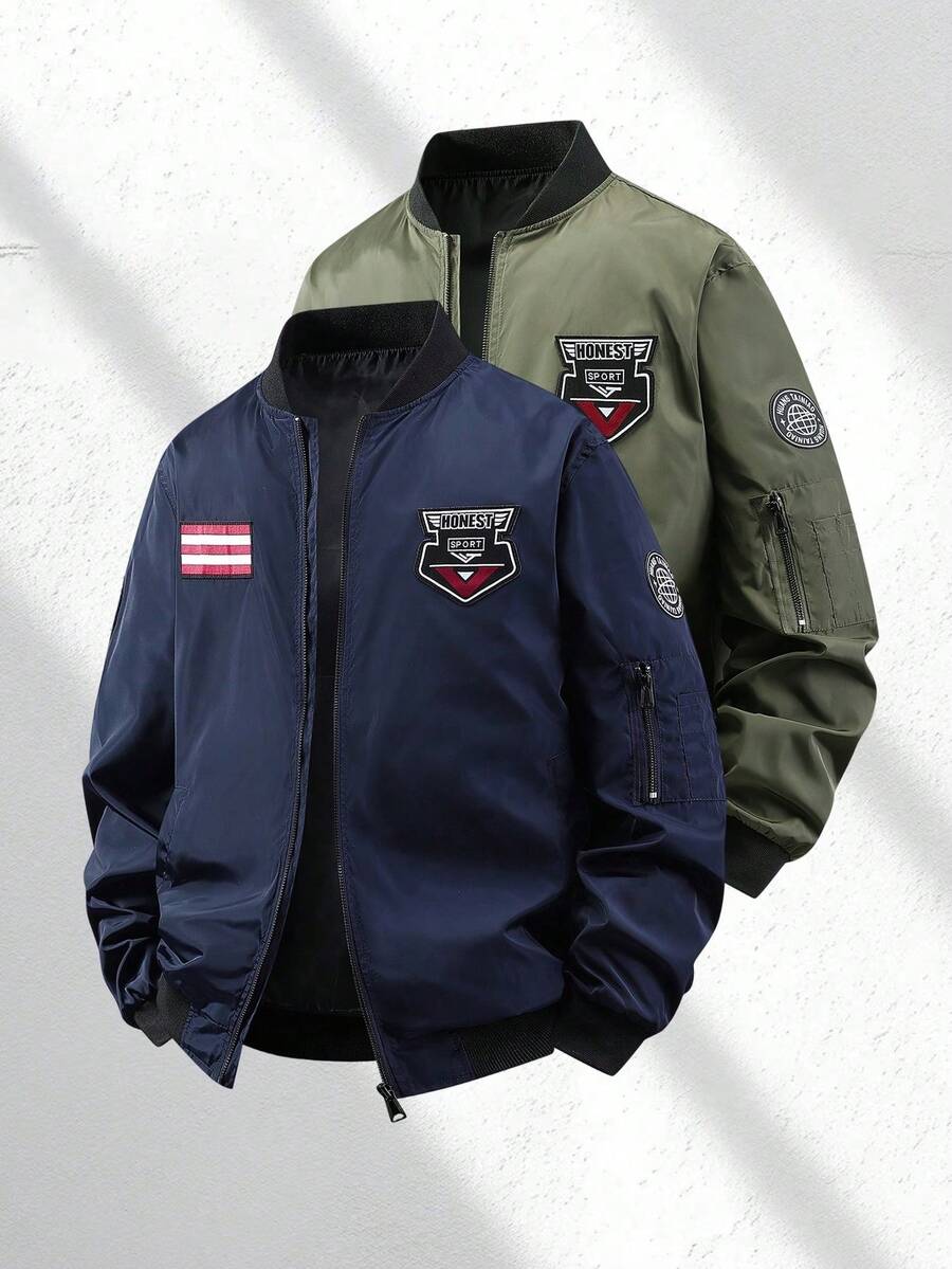 Men's Navy Blue Aviator Jacket, Embroidered Patch Design, Casual Zip-Up Baseball Jacket - Royal Blue - View 1