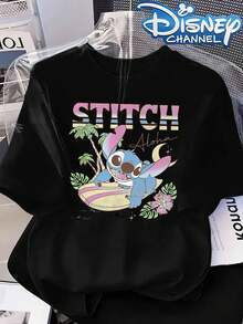 Disney Lilo & Stitch Aloha Graphic Tee, Casual Crew Neck Top With Surfing Stitch, Palm Tree And Flower Print, Perfect For Fans And Vacation Wear - 黑色 - 查看 1