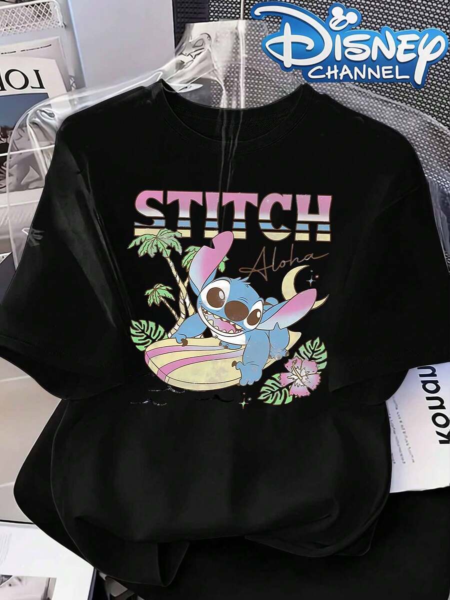 Disney Lilo & Stitch Aloha Graphic Tee, Casual Crew Neck Top With Surfing Stitch, Palm Tree And Flower Print, Perfect For Fans And Vacation Wear - 黑色 - 查看 1