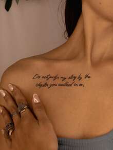 1pc Simple Flower Style English Short Sentences Tattoo Sticker, With Realistic Tattoo Design. Suitable For Daily Travel, Music Festivals, Games, Graduation Gifts. Lasts For 3-5 Days. - Black - View 5