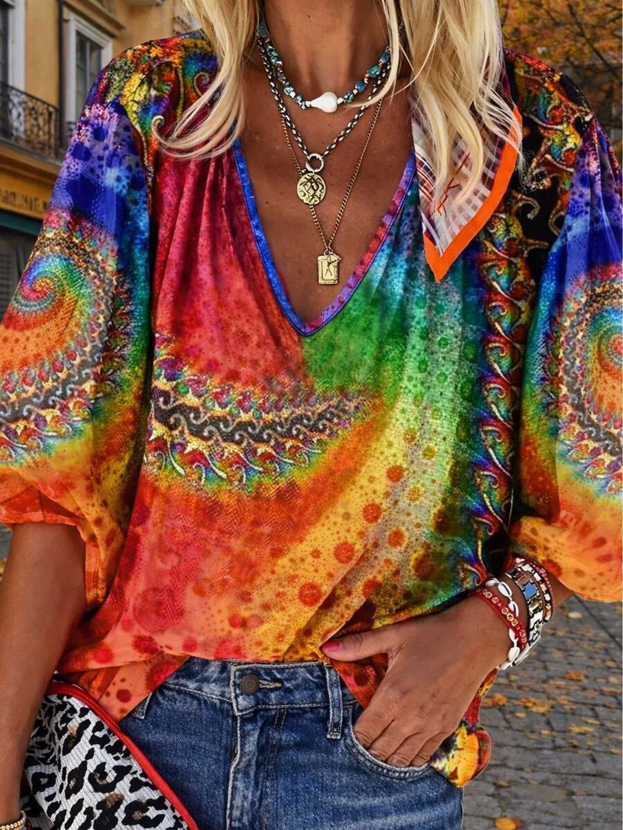 Plus Size Women's V-Neck Short Sleeve Casual Printed T-Shirt Vacation Summer - Multicolor - View 1