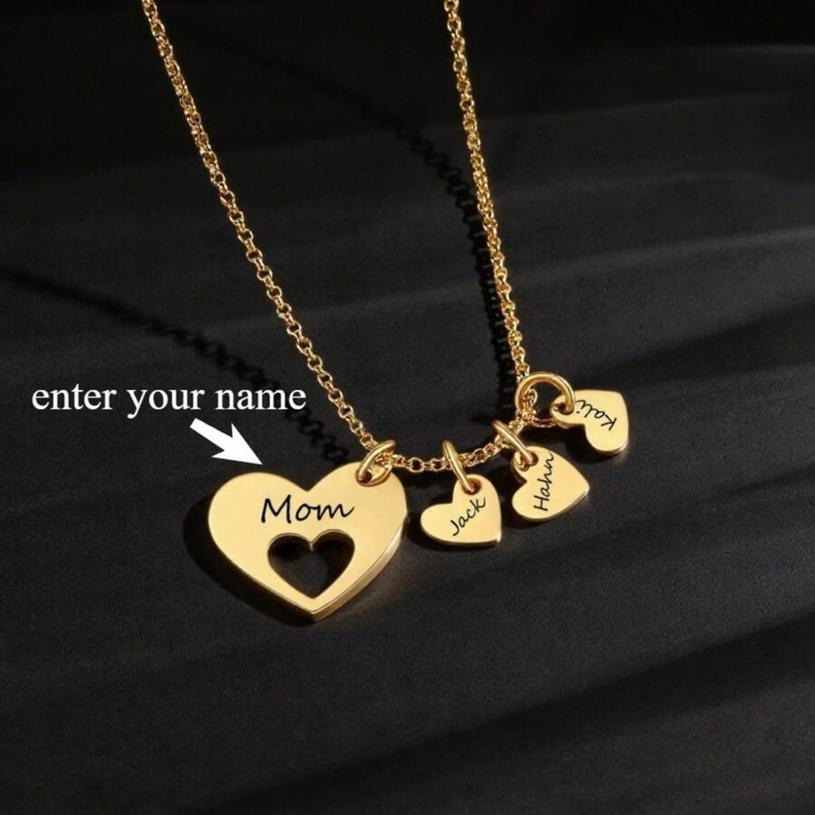 Custom Best-Selling 304 Stainless Steel Heart-Shaped Laser Engraved Necklace, DIY Multi-Name Heart Pendant, Unisex Chain Jewelry Gift