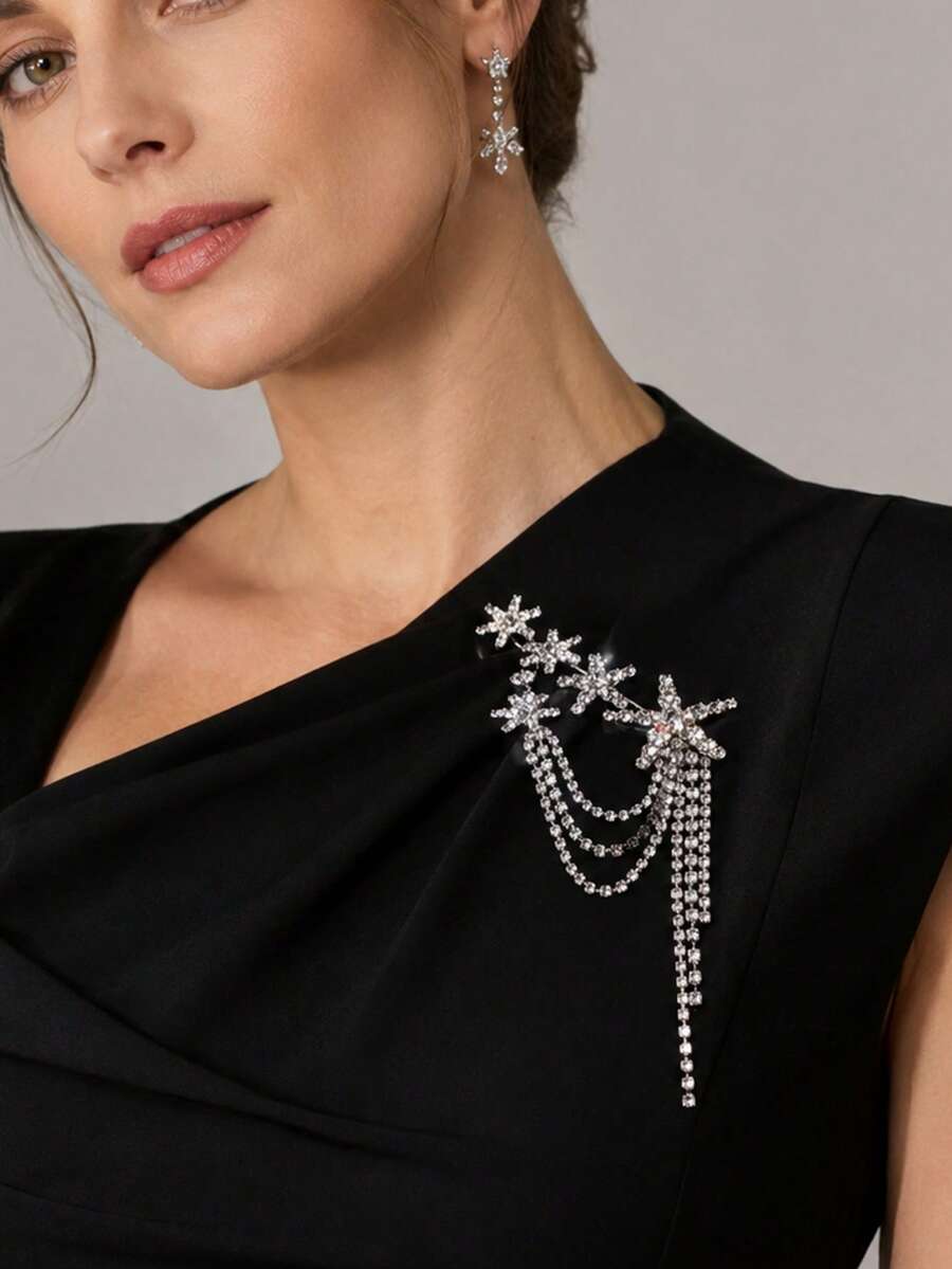 outingfit 1pc European And American Style Rhinestone Starburst Tassel Brooch, Silver Rhinestone Chain Dangle Corsage, Women's Dress/Blazer Decorative Accessory, Suitable For Party/Dinner/Wedding/Ball - Silver - View 1