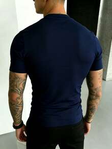Men's Casual Versatile Daily Commute Solid Color Turtleneck Short Sleeve T-Shirt, Spring/Summer - Navy Blue - View 2