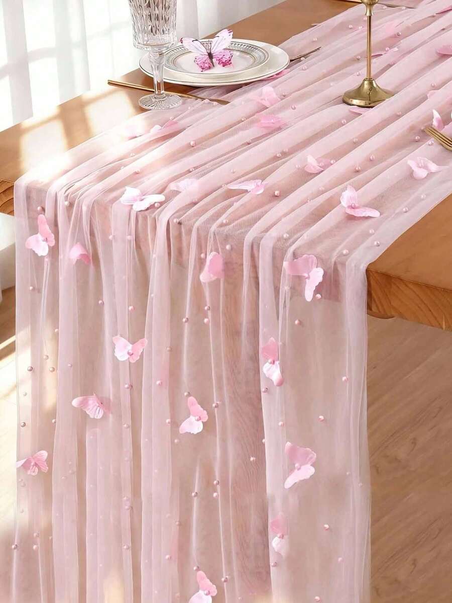 1件珍珠蝴蝶蕾絲桌旗,適用於節日派對、婚禮、洗禮、居家餐桌裝飾 - 多色 - 查看 1