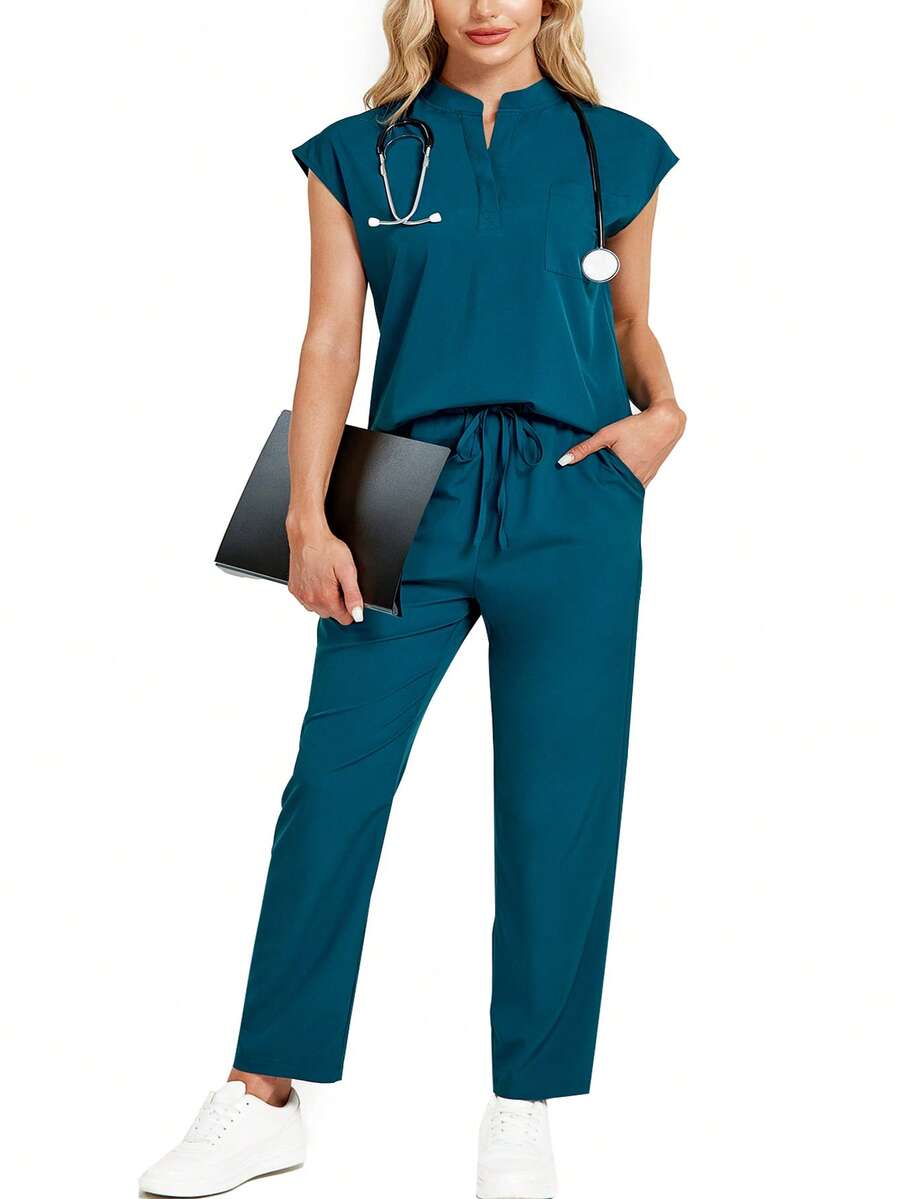 cimmuovere Plus Size Stand Collar Sleeveless Loose Top And Practical Multi-Pocket Pants Suit, Scrubs Set For Healthcare Workers Spring - Dark Green - View 1