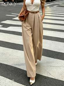 DONICY Women's Beige High-Waisted Pleated Wide-Leg Pants, Suitable For Office And Casual Wear - Khaki - View 10