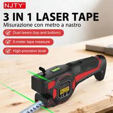 NJTY 3-In-1 Laser Tape Measure: It Has A 5m Self-Locking Retractable Tape, Bidirectional Up/Down Green Laser Line Projection, High-Precision Leveling Bubble, Portable Handheld Laser Tool For Construction, Carpentry & Home Renovation DIY Projects - One Size - View 1
