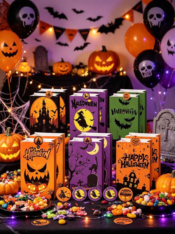 12/6pcs Halloween Kraft Paper Gift Bags (With Seal Stickers), Halloween Pumpkin Head Skull Witch Handheld Bags, Halloween Party Gift Packaging Bags, Holiday Souvenir Gift Packaging Paper Bags, Halloween Party Table Decor, Atmosphere Creating Supplies, Photo Props, Baking Packaging Bags, Suitable For Holidays, Halloween, Home Baking