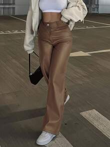 Women's High-Waisted Shiny PU Leather Pants, Casual Straight Leg, Best-Selling, Autumn/Winter, Hot-Selling, Suitable For Party, Commute, Holiday, Festival, Outdoor Activities, Perfect For Tall Women's Outfits - Khaki-1 - View 6