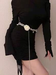 1pc Women's Waist Chain Pants Chain Camellia Pearl Waist Chain, High-End Fashion Versatile Dress Jeans Accessory, Thin Waist Belt, Elegant Sweet INS Style Design Body Chain - A - View 5