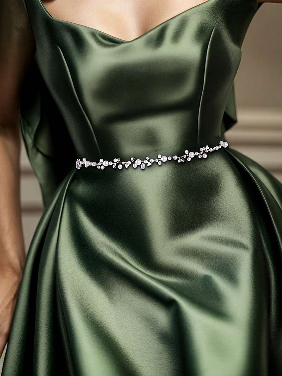 1 Stück glänzender Strass- & Perlen-Taillengürtel, modischer Legierung Blumenkranz Brautkleid Taillenband, geeignet für Brautjungfer, Hochzeit, Verlobung, Feier