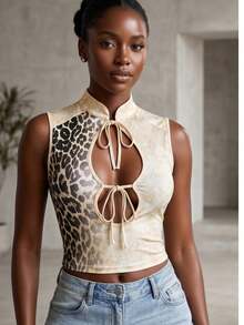 Fashion Stand Collar Printed Hollow Knotted Crop Top, Sleeveless Slim Hot Girl Style. Cutout Twist Detail, Ideal For Dating, Travel Daily Streetwear. - 駝色 - 查看 6
