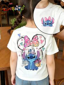 Disney Lilo & Stitch Kids Double-Sided T-Shirt, Watercolor Stitch With Disney Castle & Minnie Bow Graphic Tee, White Short Sleeve For Girls - White - View 1