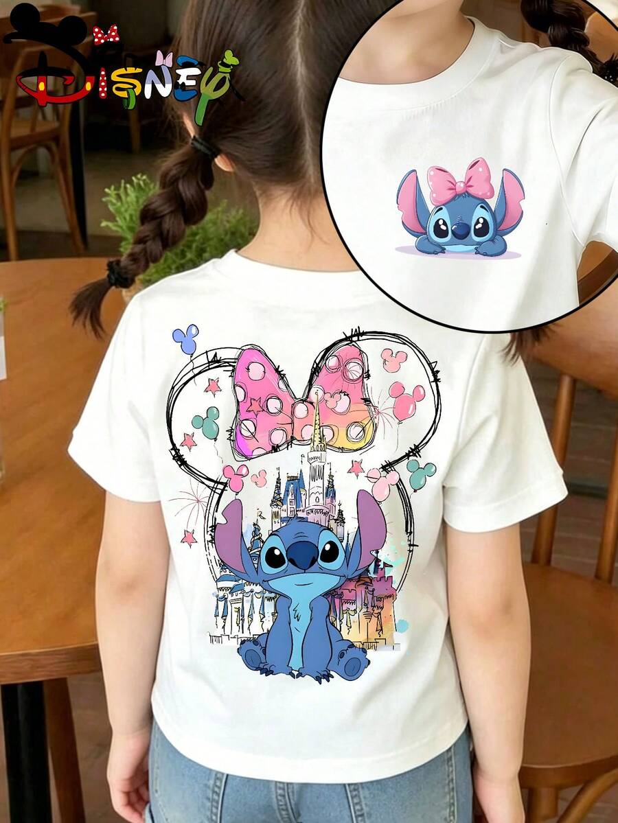 Disney Lilo & Stitch Kids Double-Sided T-Shirt, Watercolor Stitch With Disney Castle & Minnie Bow Graphic Tee, White Short Sleeve For Girls - White - View 1