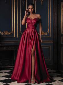 Smilprince Vestido de fiesta encantador para mujer, vestido maxi de manga corta con hombros descubiertos, abertura hasta el muslo, manga regular, hecho de tela tejida sin estiramiento para boda - Burdeos - Ver 3