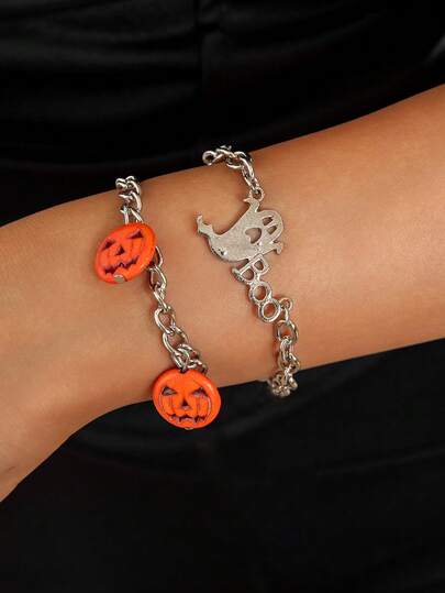 2pcs/Set Pulsera con colgante de calabaza fantasma de resina estilo punk para Halloween, adecuada para joyería de uso diario y fiestas para mujeres, regalo