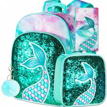 3 Pieces Girls Purple Mermaid Tail Scale Print Reversible Sequin Material Adjustable Straps Cute Style Backpack Set For Back-To-School & Daily Travel - Fish Tail - View 14